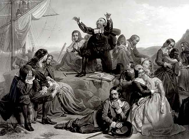 Engraving of 'Departure of the Pilgrim Fathers' by Charles Lacy (1847).
