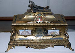 Brass casket presented to Albert Ball in February 1917 when he was given the Honorary Freedom of the City of Nottingham.