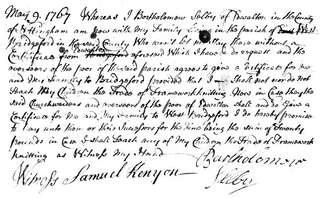 Letter dated 1767 from framework knitter Bartholomew Selby regarding a settlement certificate for his family (reproduced by permission of Nottinghamshire Archives [Ref: PR 3958].