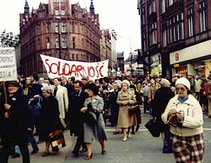 Supporters of the Polish Solidarity movement march in Nottingham City Centre in 1982. 