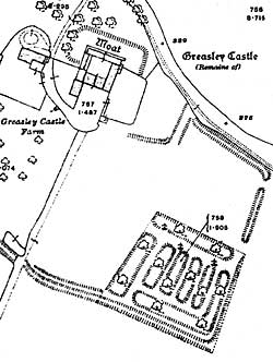 Greasley Castle depicted on the 25" to 1 mile Ordnance Survey map (1915).