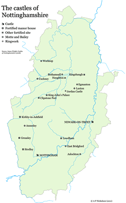 Map of the castles of Nottinghamshire. Click on the image to see a larger version of the map.