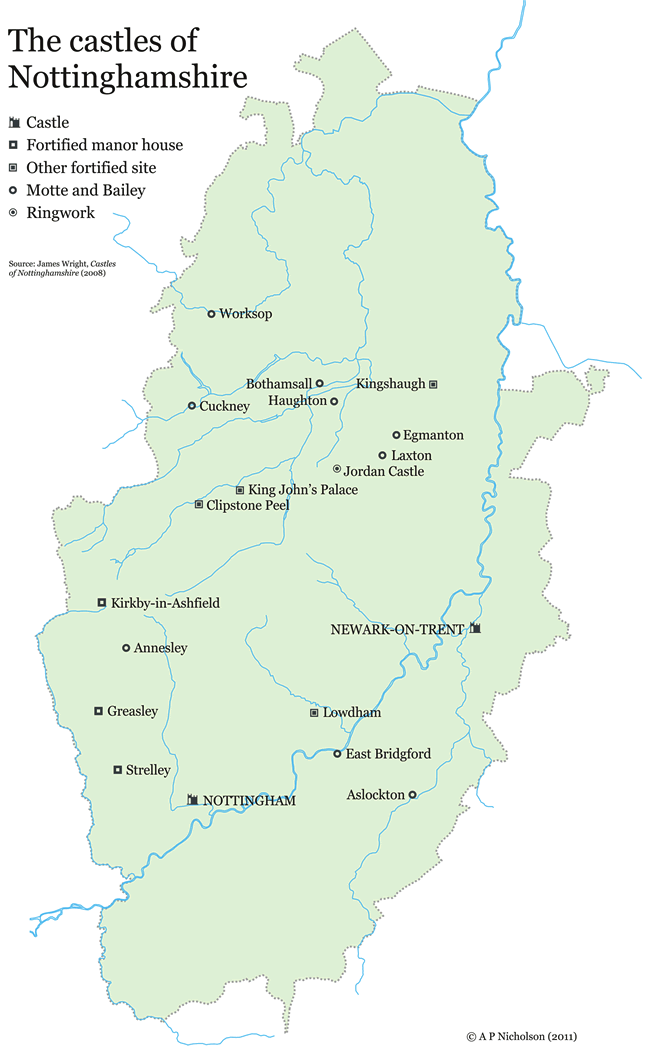 Map of the castles of Nottinghamshire