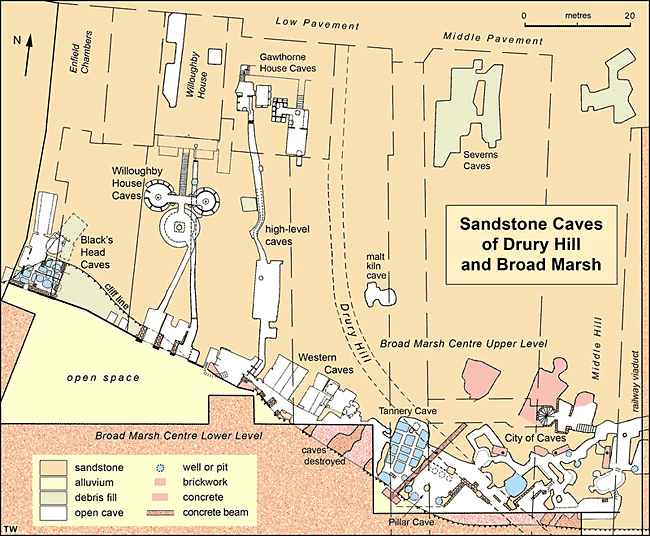 Map of the caves beneath the Broad Marsh Centre, with those that are open to visitors as “City of Caves”, and the caves further west that are not currently accessible.