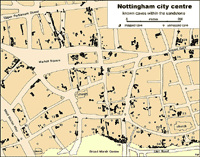 Map of Nottingham’s city centre with all the known caves marked.