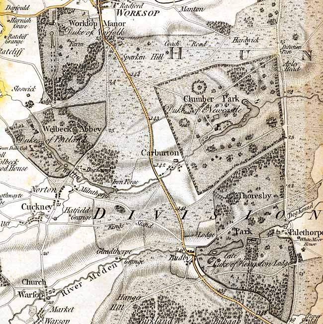 The Dukeries section of John Chapman's map of Nottinghamshire (1774).