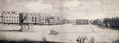 Thomas Sandby's view of the Market Place from Beastmarket Hill looking towards the Exchange (1740). (© Nottingham City Museums and Galleries; Nottingham Castle).