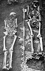 Skeletons lying on the mosaic floor of the Roman villa.