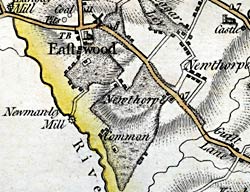 Eastwood as depicted on John Chapman's map of Nottinghamshire, published in 1774. The village developed around the western edge of a large area of common land.