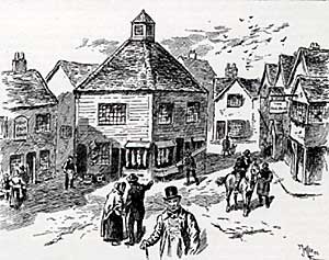Drawing of the Moot Hall and Ship Inn in the late 19th century.