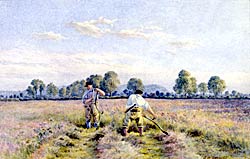 Scything grass in the Meadows, Nottingham, by S W Oscroft. (© Nottingham City Museums and Galleries; Nottingham Castle).