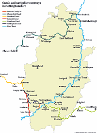 Map of canals in Nottinghamshire