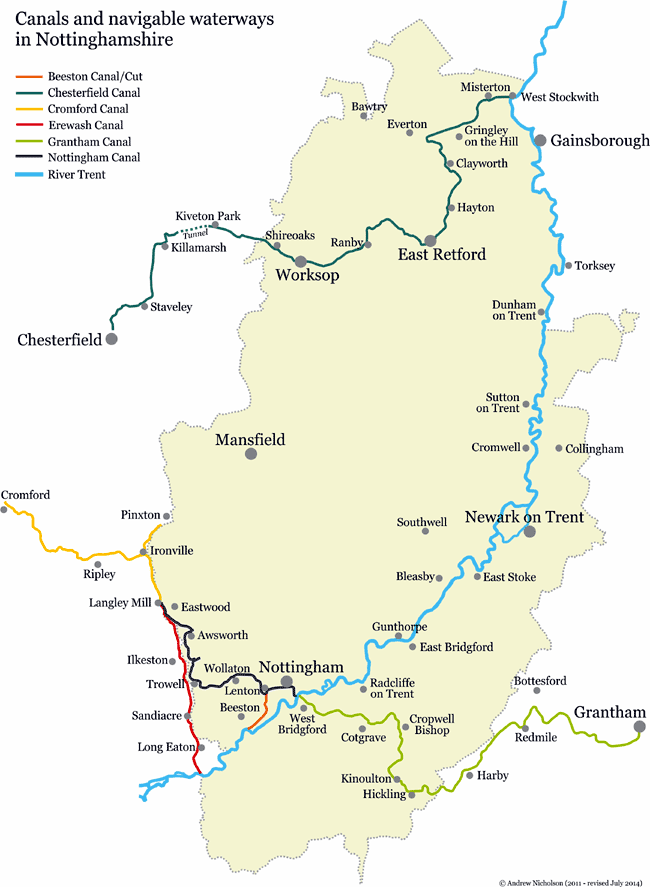 Map of the canals of Nottinghamshire