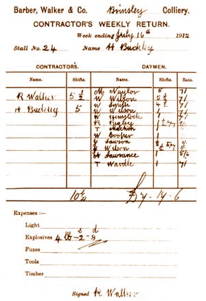 Contractor's weekly return at Brinsley Colliery, 1912.