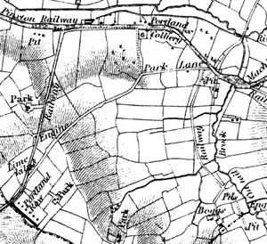 Extract from Sanderson's map of 20 miles round Mansfield (1835) showing Portland Colliery and the mineral railway network near Kirkby-in-Ashfield.