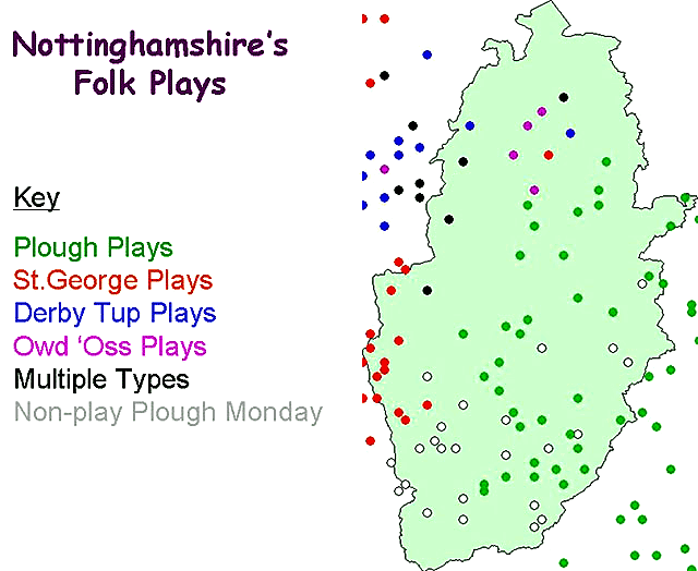 Map showing the distribution of folk plays in Nottinghamshire, from a presentation to the Notts Local History Association Day School, 2006, by Peter Millington.