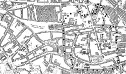 Lace Market – Central Nottingham in 1820 taken from Smith & Wild’s map. The Conservation Area is delineated by dots.