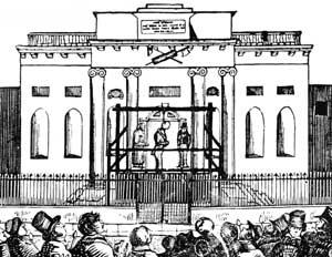 Print of a hanging at Shire Hall in the 1860s.