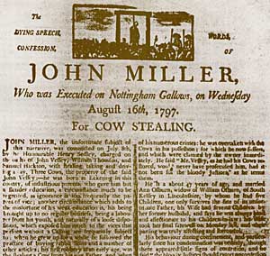 Newsheet from 1797 detailing the execution of John Miller.