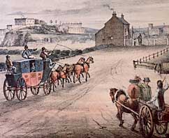 Royal Mail coach approaching toll gate on London road, Nottingham, c.1808.